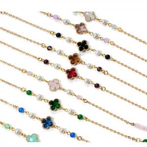 JH-155 Garnet, chalcedony, freshwater pearl, four leaf flower, real gold plating glasses chain