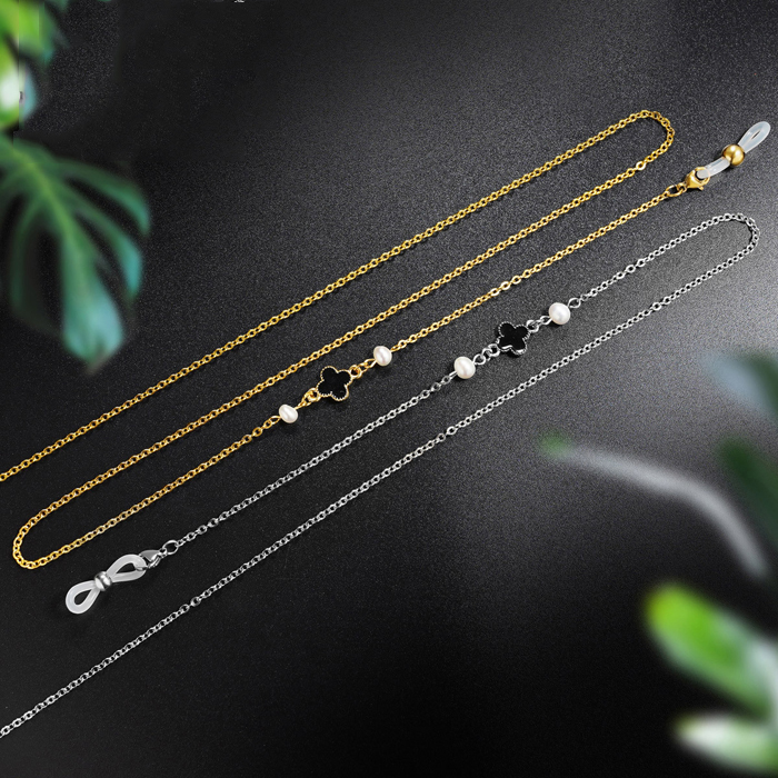 JH-29 Stainless steel eyewear chain with hanging rope, anti drop chain for vintage glasses (single sided four leaf pearl)